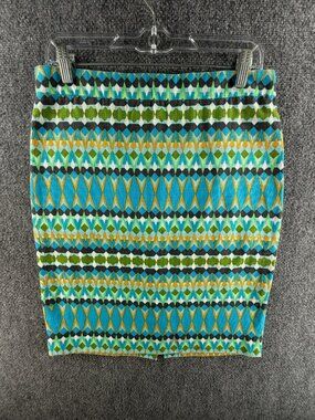 J Crew Pencil Skirt Women Green Blue Geometric Size 6 Back Zip Cotton Office